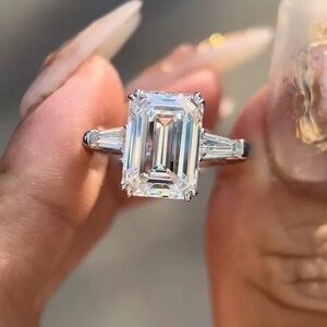 6CT Emerald Cut High Carbon Diamond Ring S925 Silver Three-Stone Engagement Ring